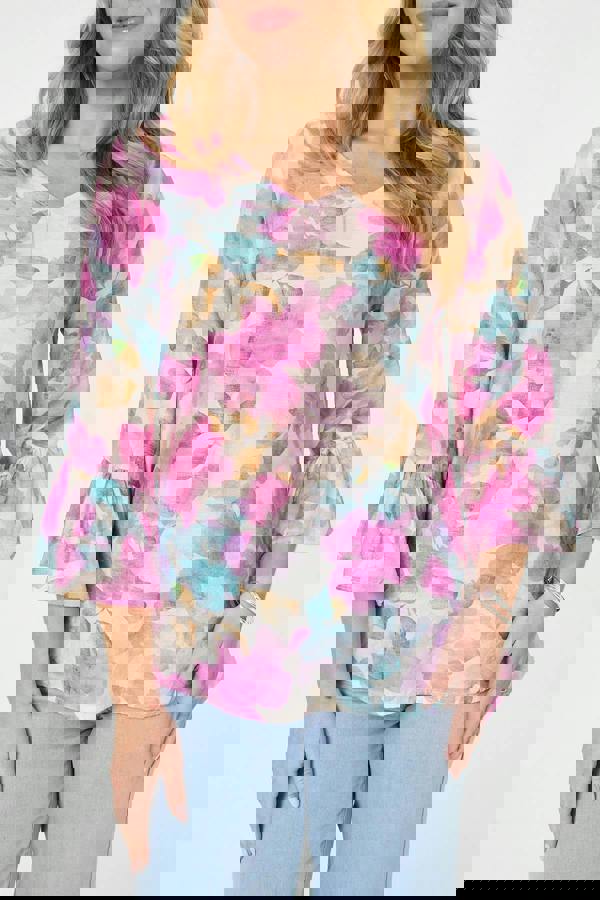 Pink | Floral Curve Hem 3/4 Flare Sleeve Blouse