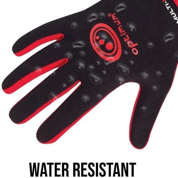 Black and red Optimum Multi-X glove with water droplets and Water Resistant caption on white - Optimum