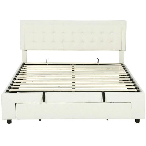 Cream upholstered king-size ottoman bed frame with tufted headboard, front drawer