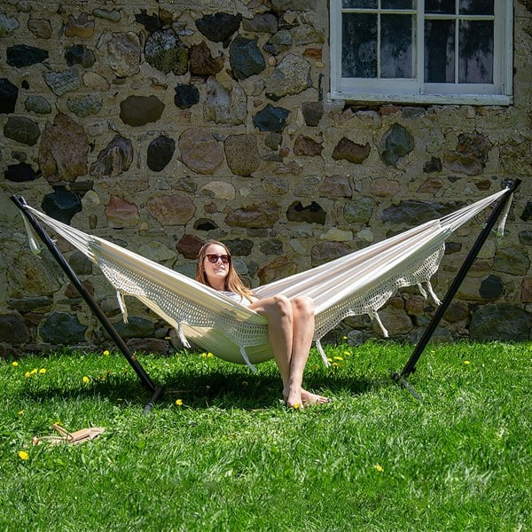 Vivere Double Cotton Hammock with Stand (280cm) - Natural with Fringe