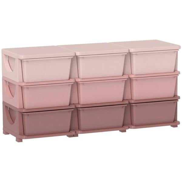 Pink kids storage unit with nine plastic drawers, open-front design