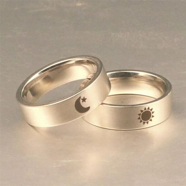The Colourful Aura Stainless Steel Couple Moon and Sun Promise Wedding Band Ring Set