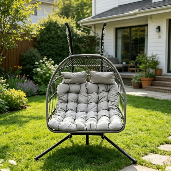 Fimous Rattan Garden Double Hanging Egg Chair Indoor Outdoor Patio Furniture with Grey Cushion