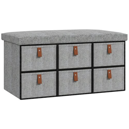 Wyld Haus Taelha Light Grey Fabric Shoe Bench With Cushioned Seat And 6 Fabric Drawers