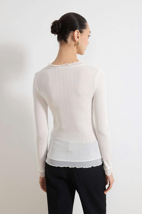 WOVCOR Transparent Fitted Long Sleeve Frill Detail Textured Knit Blouse