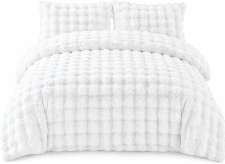 Night Zone Teddy Square Fleece Duvet Cover Set – Ultra Soft Fluffy Plush Bedding - White