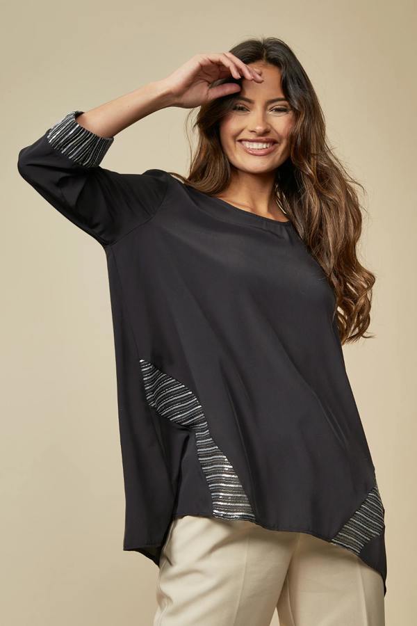 Hoxton Gal 3/4 Sleeves Relaxed Fit Black Top with Grey Details