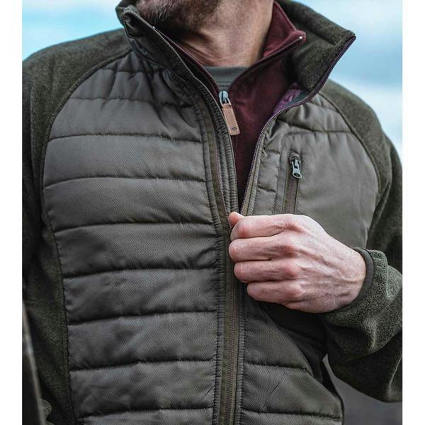 Closeup of man wearing the Hoggs of Fife Melville hybrid jacket with zip