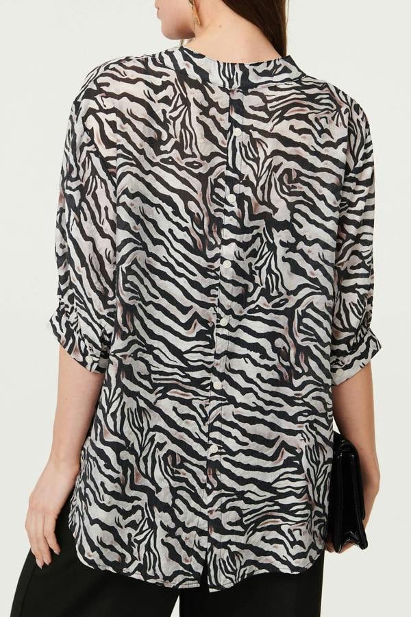 Black | Zebra Print Button Detail Relaxed Shirt
