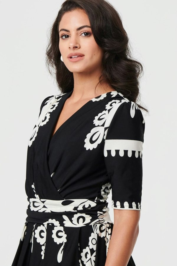 Black | Ikat Print 1/2 Sleeve Wrap Midi Dress
