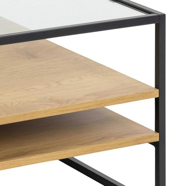 Wyld Haus Wrenna Black and Natural Oak Effect Square Coffee Table 2 Shelves Glass Top