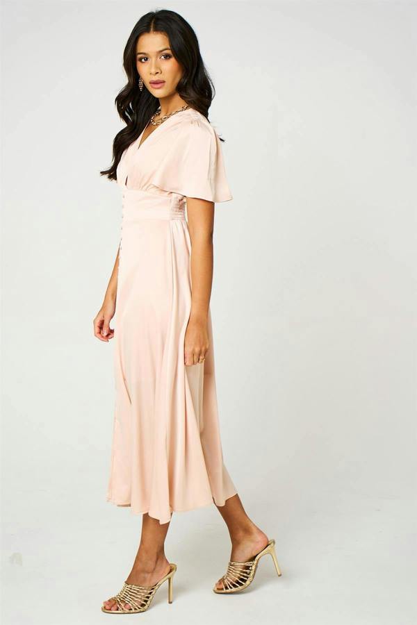FS Collection Satin V neckline Button Detail Dress In Blush