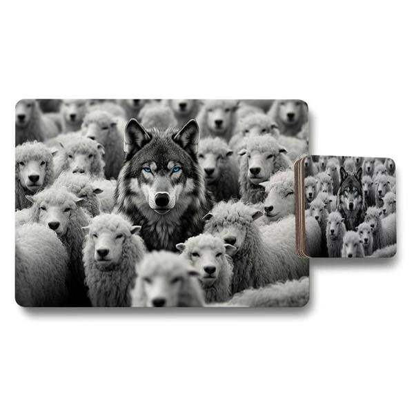 Benjamin Tate Design Wolf Among Sheep Placemats And Coaster Set With Blue Eyes