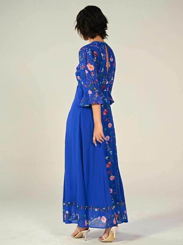 Rose & Nancy Tory Blue Botanical Floral Border Print Maxi Dress