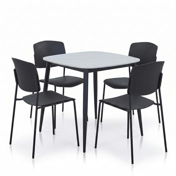 Core Products Aspen Dining Set - White Sintered Stone Square Table & 4 Academy Dining Chairs