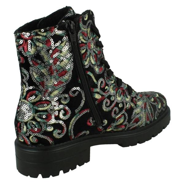 Rieker Ladies Rieker Floral Stitch and Sequin Design Combat Boots Z2841