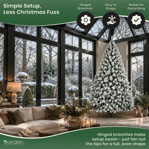 Flocked Woodcote Spruce Christmas Tree 3m – Snow Effect Tree with 2230 Tips, Hinged Branches & Metal Stand