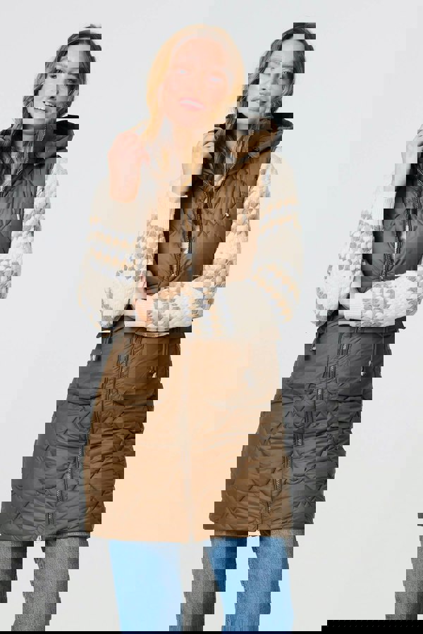 Beige | Padded Sleeveless Hooded Longline Gilet
