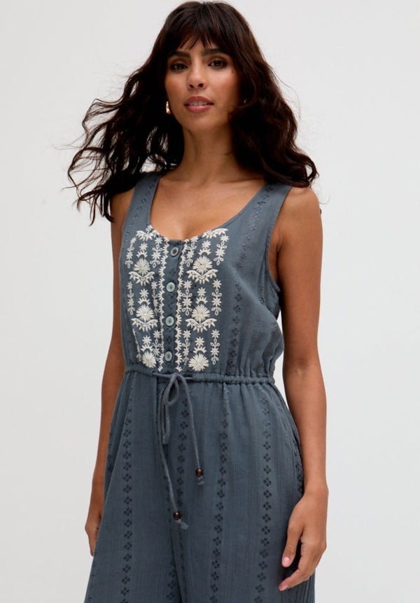 Ana Sleeveless Embroidered Jumpsuit In Grey