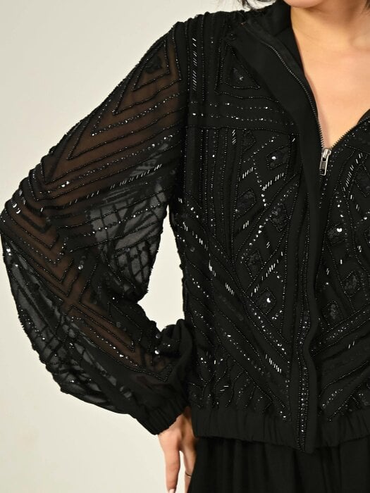 Rose & Nancy Briar Black Hand Embellished Funnel Neck Bomber Jacket
