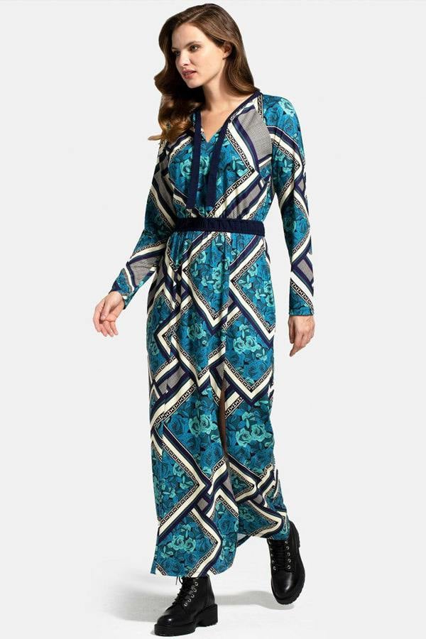 HotSquash Long Sleeve Maxi Dress with Neck Tie