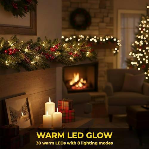 2m Green Pre-Lit Christmas Garland with PVC Foliage, Red Berries, Pine Cones and Warm LED Lights image 4