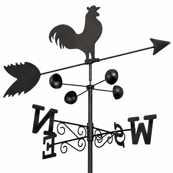 The Garden Marketplace Cockerel Weathervane, All-Steel Black Painted Weather Vane With Wall Fixings and 1.7m Ground Spike, Wind Speed Cups