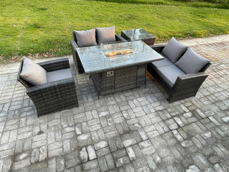 Fimous Rattan Outdoor Garden Furniture Gas Fire Pit Table Sets Gas Heater with Love Sofa Armchair Side Table 5 Seater Dark Mixed Grey
