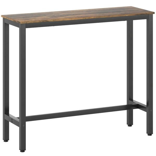 Rustic brown rectangular bar table with wood-look top and dark metal frame