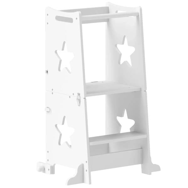 White 2-in-1 toddler step stool with safety rail, two-step design and storage shelves