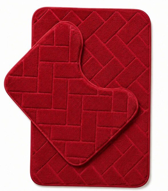 Night Zone Memory Foam Bath Mat Set – Block Bricks Design Non-Slip Bathroom Rug - Red