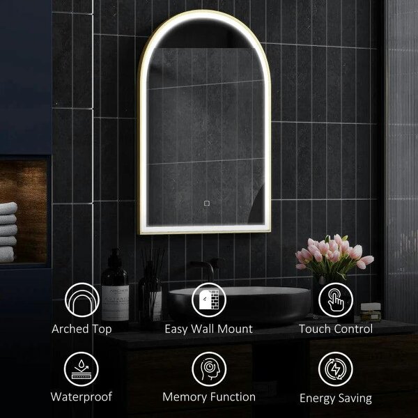 Bobobiy 90 x 60 cm Bathroom Mirror with LED Lights, Anti-Fog Arched Vanity Mirror with 3 Colour Dimmable, Gold Tone