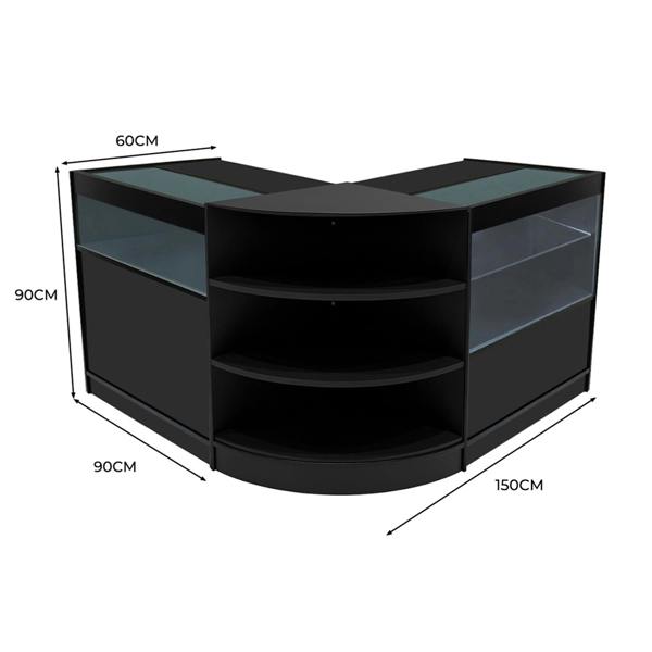Harmonia LED Shop Counter Set in black, featuring a sleek curved design, glass display sections, and ample storage shelves