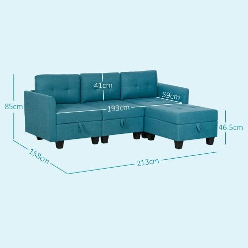Wyld Haus Torono Light Blue Upholstered Modular L Shaped Sofa With Built In Storage