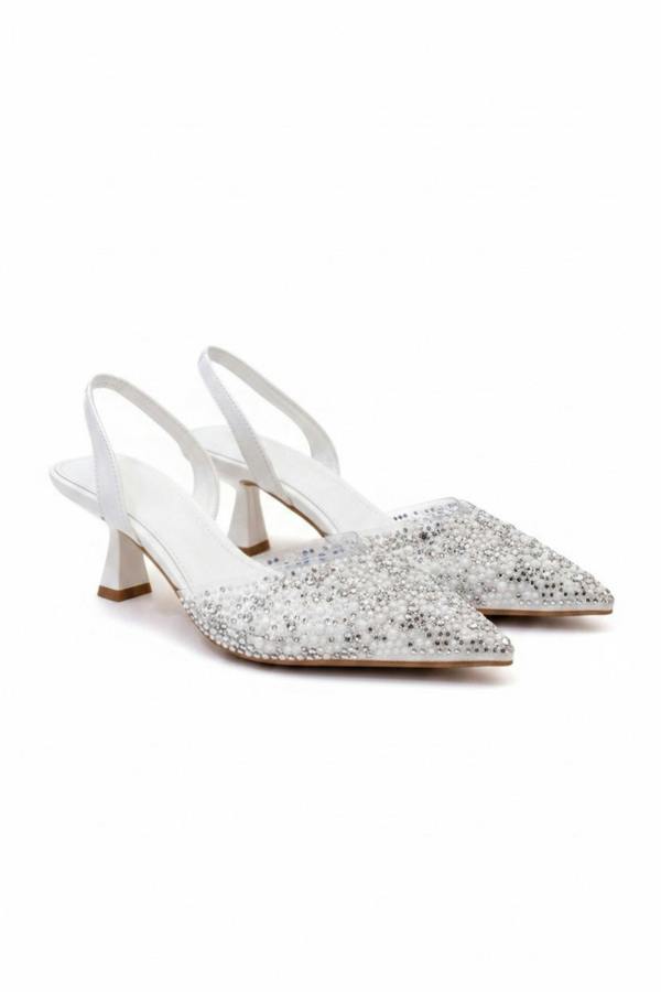 Love Lemonade Crystal Pearl Evening Slingback Kitten Heels White