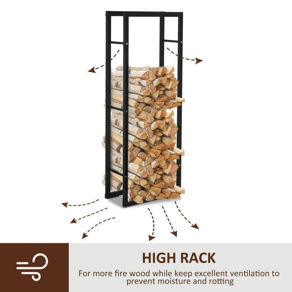 Tall black metal firewood rack with side rails, holding stacked logs in open frame