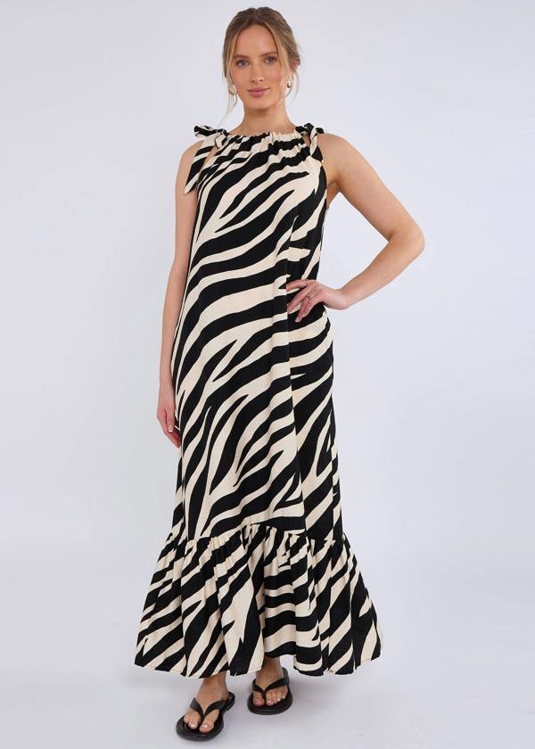 Gini London Mono Zebra Print Tie Shoulder Maxi Dress