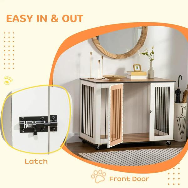 White dog crate end table front door latch and barred compartments on wheels