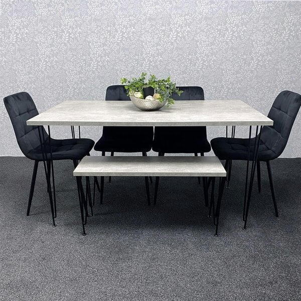 Kosy Koala Grey Dining Table with Hairpin Legs, Bench & 4 Black Velvet Chairs Set for Kitchen & Dining Room