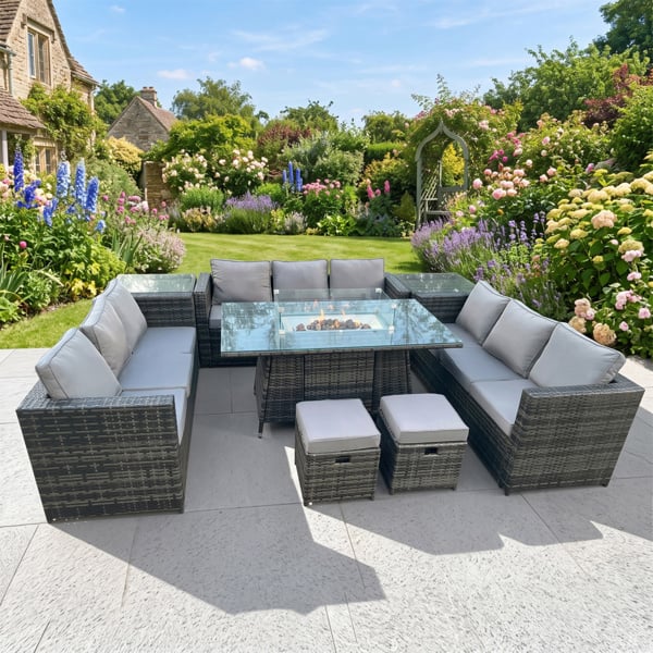 Fimous 11 Seater Rattan Outdoor Garden Furniture Set with Gas Fire Pit Table, 3 Sofas, 2 Side Tables, 2 Footstools - Dark Grey