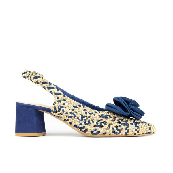 Embassy London Velora - Cream & Navy - Mid heel sling back sandal with woven leather upper and satin bow