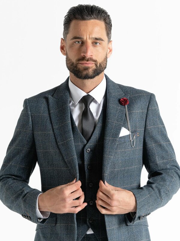 V2 Classic Kensignton Three Piece Suit - Blue Tweed With Orange Checks