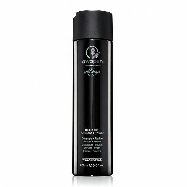 Black bottle of Awapuhi Wild Ginger Keratin Cream Rinse on a white background