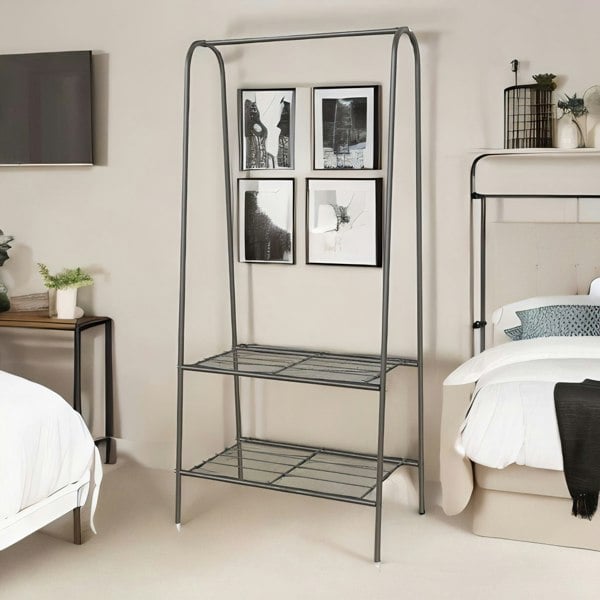 Rafaelo Mobilia Heavy Duty Metal Clothes Rail Open Wardrobe With 2 Shelves Black