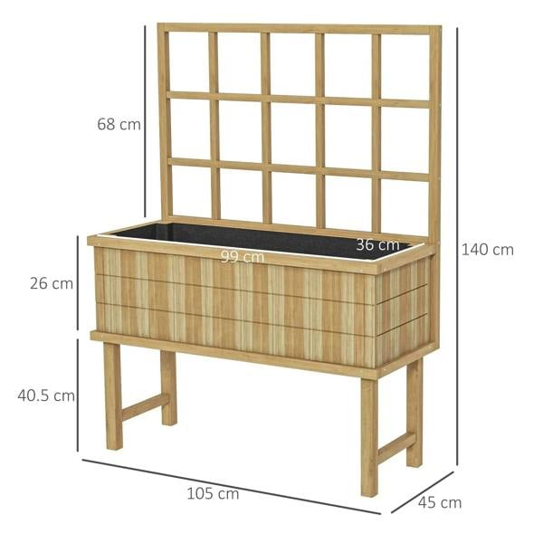 Natural wooden garden planter with trellis and raised bed, front view.