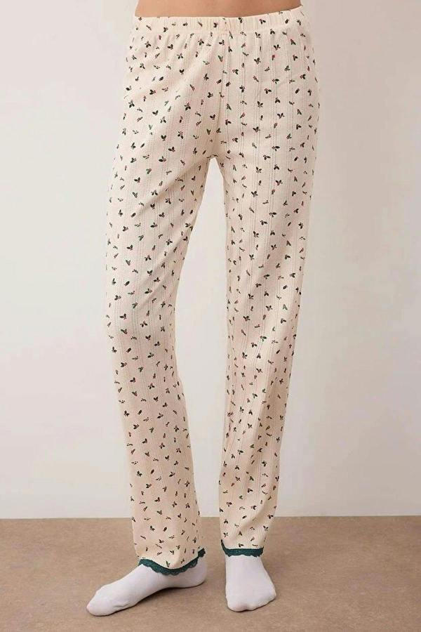 WOVCOR 2-Piece 100% Cotton Floral Lace Detail Ribbed Knit Pajama Set