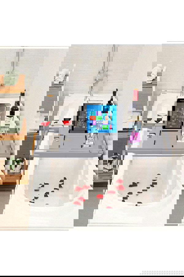 Living and Home Rustic Expandable Bamboo Wooden Bathtub Caddy Tray