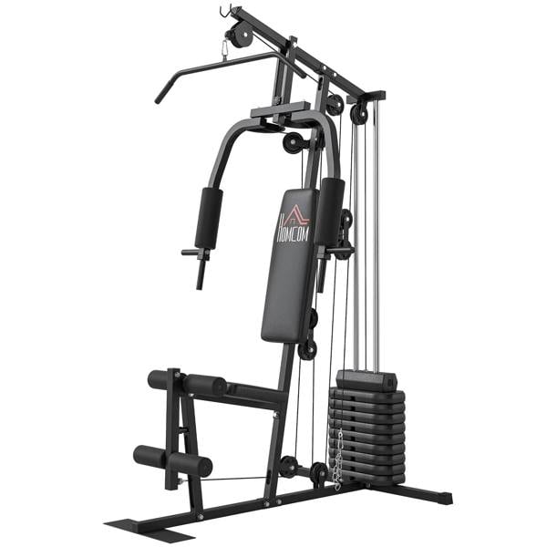 Black multifunction home gym machine with pulley station and 45 kg weight stack
