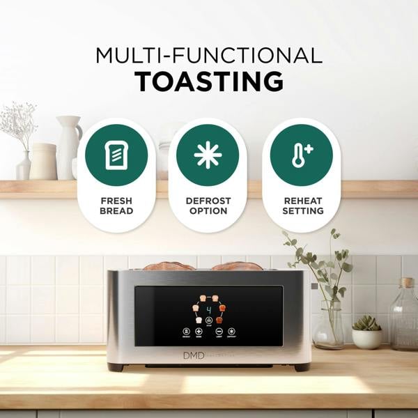 DMD Collective Touchscreen 4 Slice Long Slot Toaster Stainless Steel, 6 Browning Levels, Defrost Reheat & Cancel Functions, 1400W
