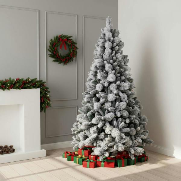 4FT to 8FT Snow Covered Helsinki Fir Artificial Christmas Trees with Hinged Design and Metal Base image 1